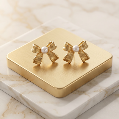 Gold Plated Bow Pearl Stud Earrings