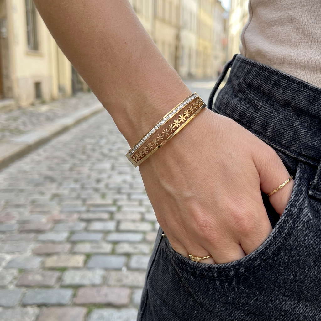 Gold Floral Cutout CZ Bangle Bracelet