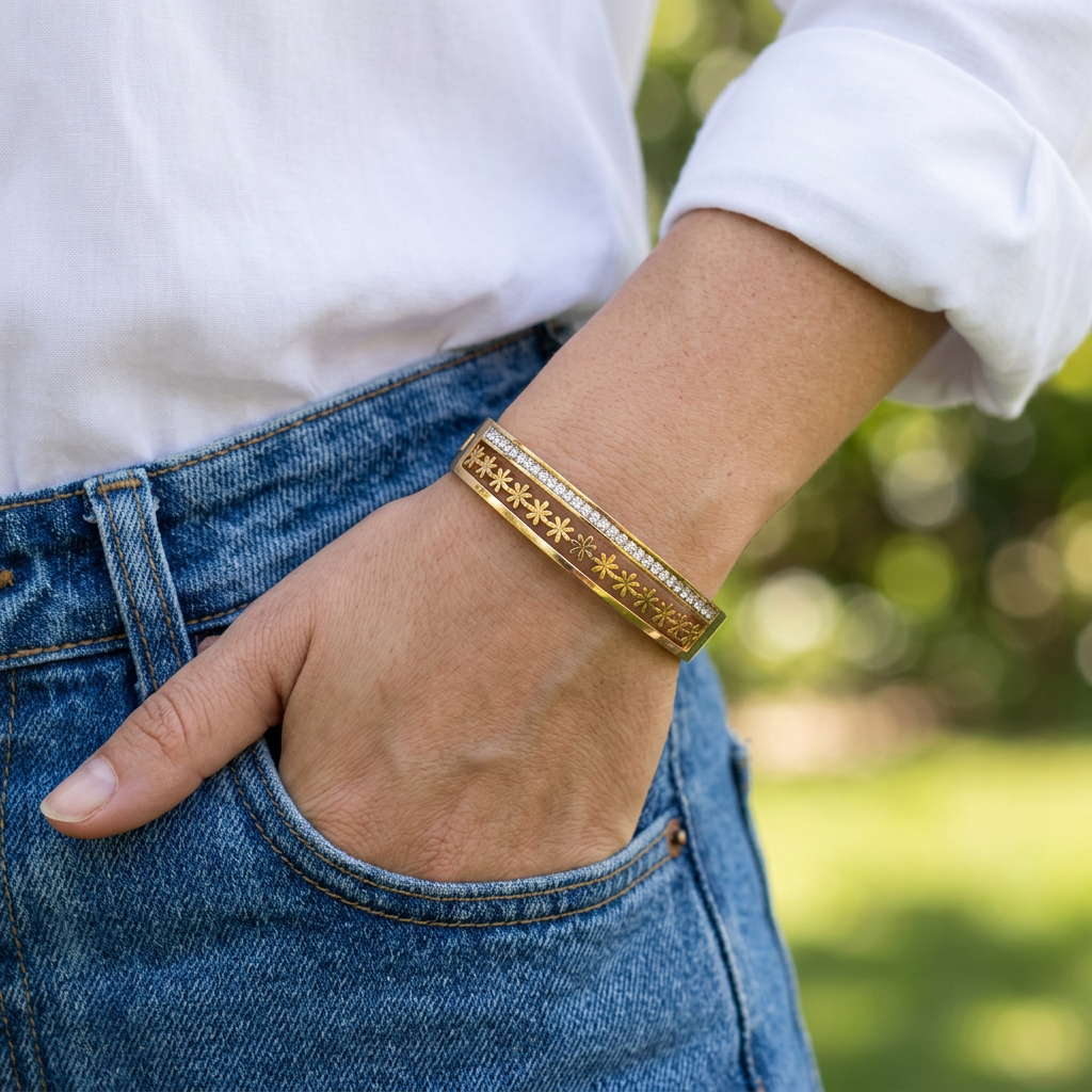 Gold Floral Cutout CZ Bangle Bracelet