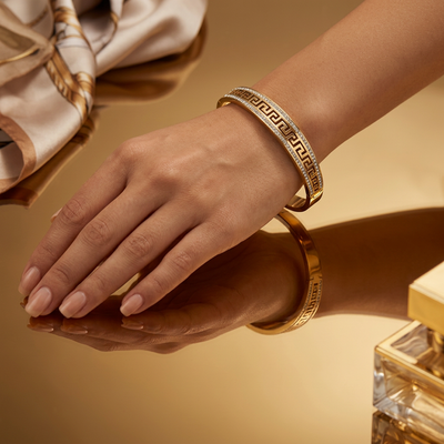 Gold Greek Key CZ Hinged Bangle Bracelet