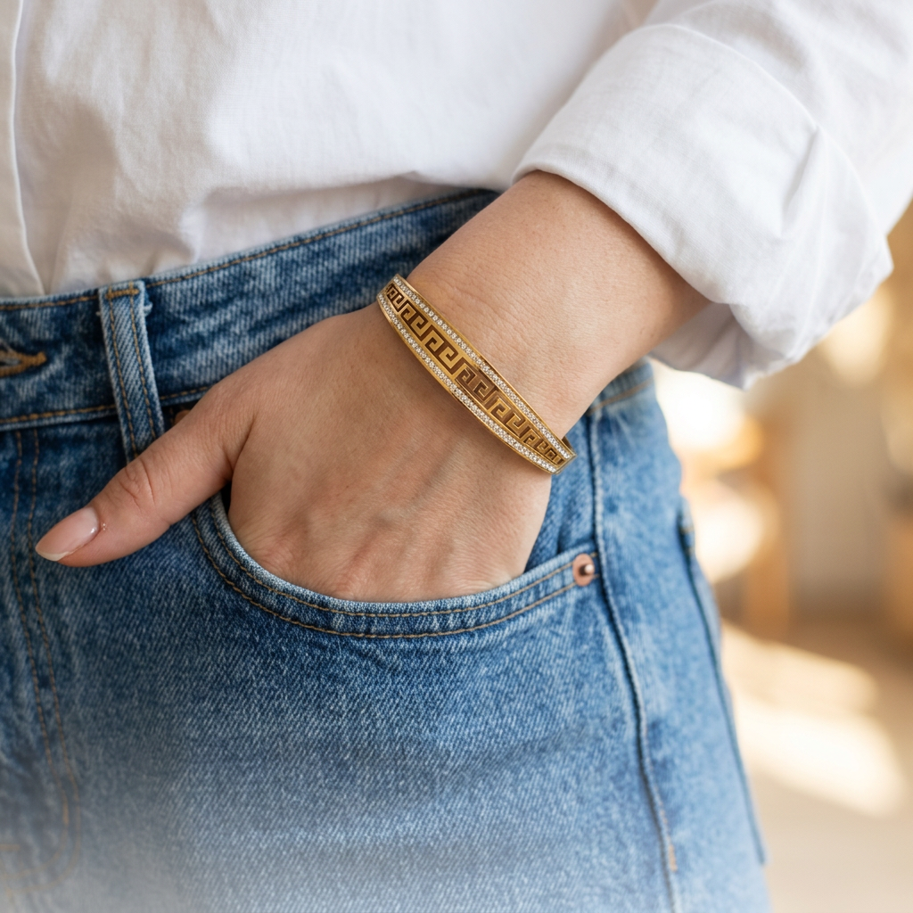 Gold Greek Key CZ Hinged Bangle Bracelet