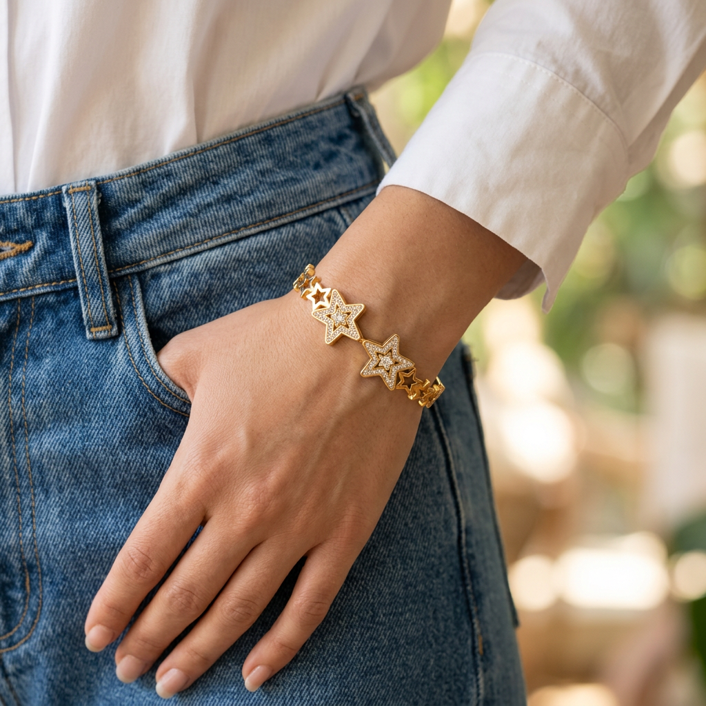 Gold Star Cutout CZ Bangle Bracelet