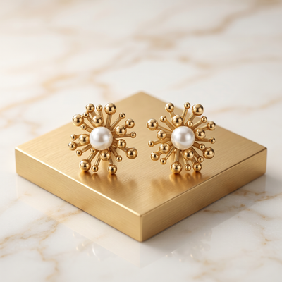Gold Plated Starburst Pearl Stud Earrings