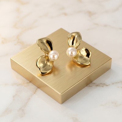Gold Plated Petal Pearl Stud Earrings