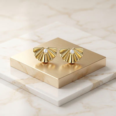 Gold Plated Fan Pearl Stud Earrings