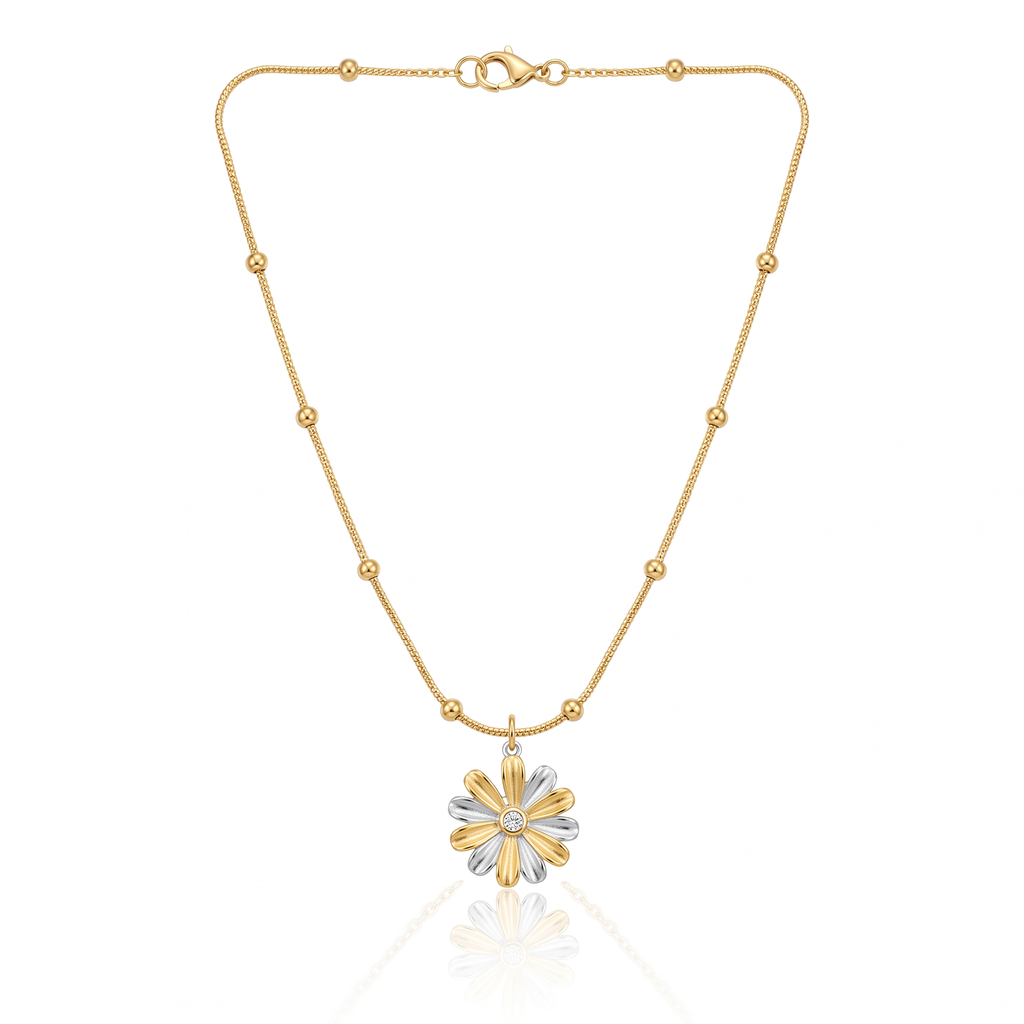 Dual Tone Steel Floral Chain Pendant Necklace