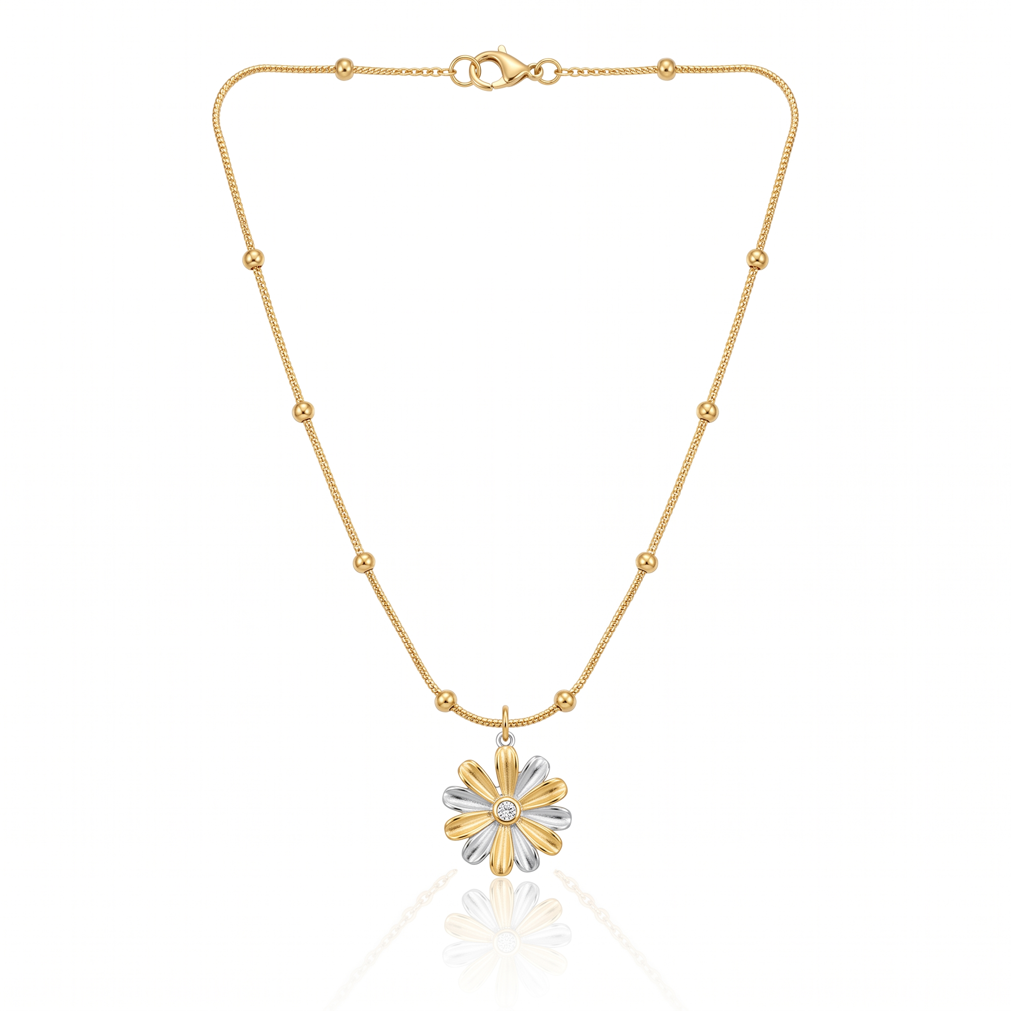 Dual Tone Steel Floral Chain Pendant Necklace