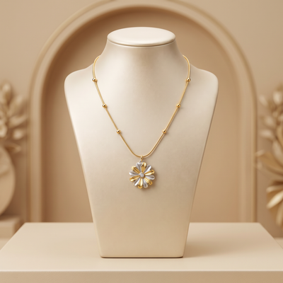 Dual Tone Steel Floral Chain Pendant Necklace