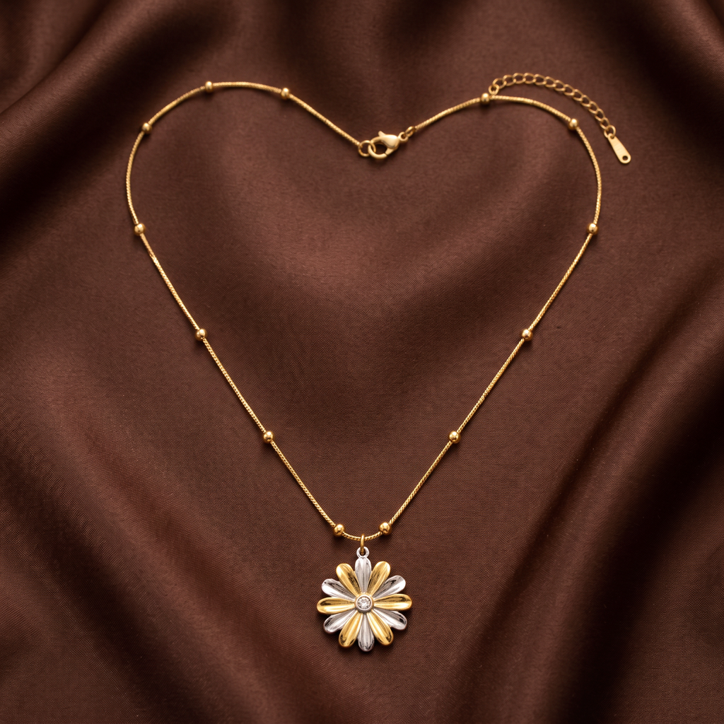 Dual Tone Steel Floral Chain Pendant Necklace
