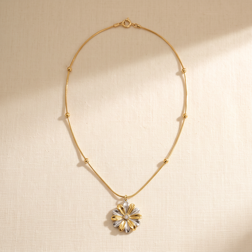 Dual Tone Steel Floral Chain Pendant Necklace