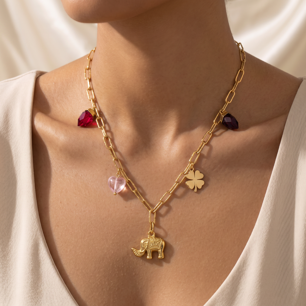 Gold Plated Steel Heart Star Chain Pendant Necklace