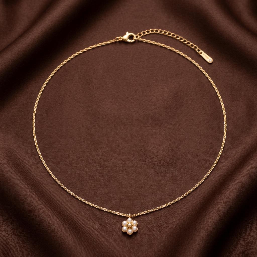 FYNL1009 - Necklace - Gold Cable Chain Pearl Cluster Flower Pendant