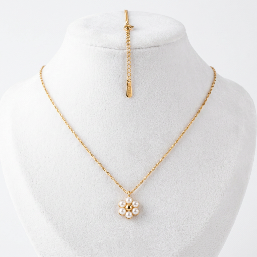 FYNL1009 - Necklace - Gold Cable Chain Pearl Cluster Flower Pendant