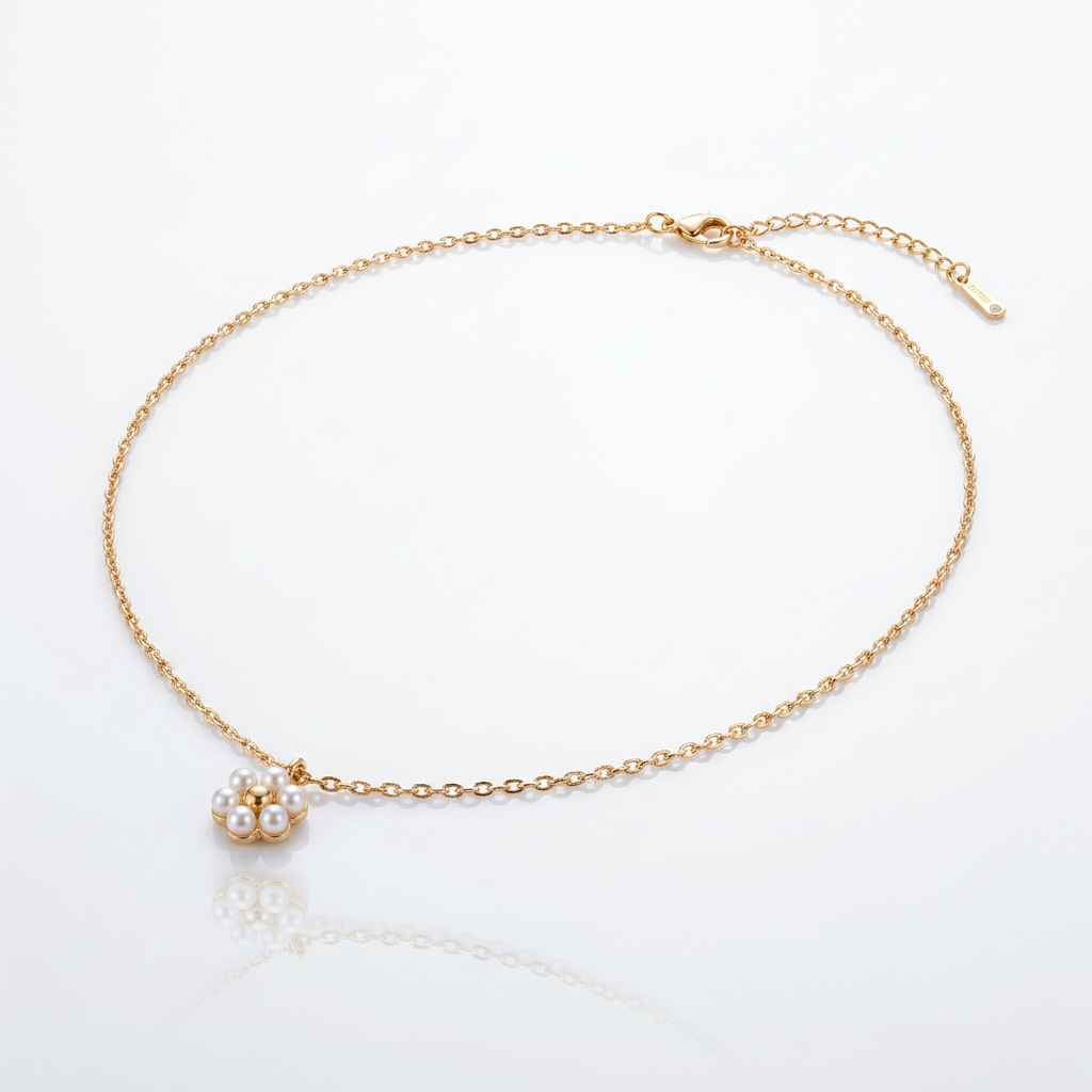 FYNL1009 - Necklace - Gold Cable Chain Pearl Cluster Flower Pendant