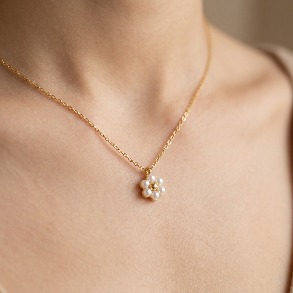 FYNL1009 - Necklace - Gold Cable Chain Pearl Cluster Flower Pendant