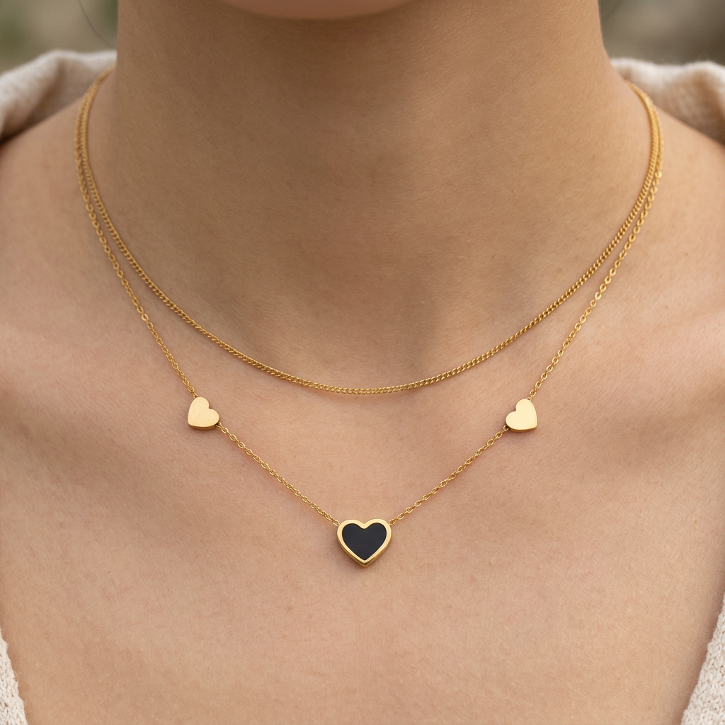 FYNL1015 - Necklace - Gold Double Layer Chain Black Enamel Heart