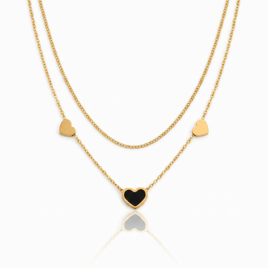 FYNL1015 - Necklace - Gold Double Layer Chain Black Enamel Heart