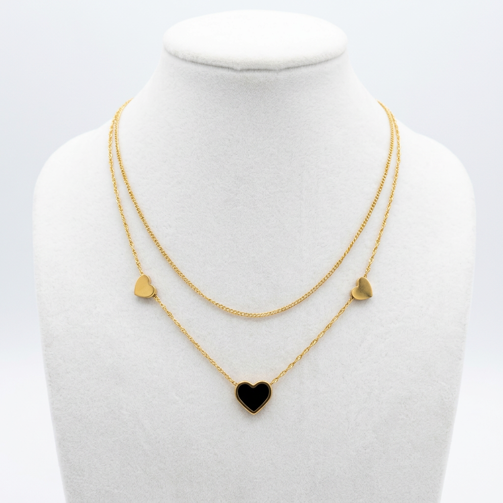 FYNL1015 - Necklace - Gold Double Layer Chain Black Enamel Heart