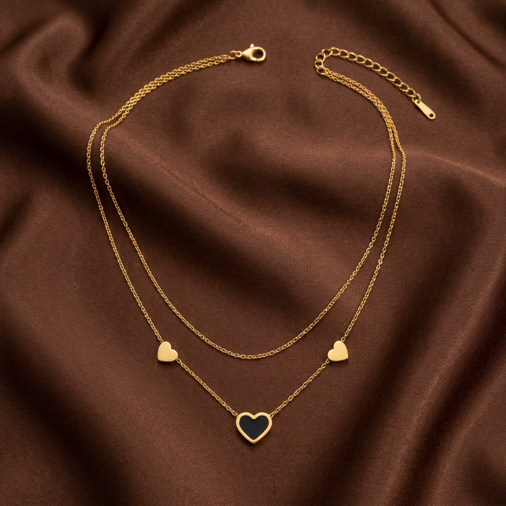 FYNL1015 - Necklace - Gold Double Layer Chain Black Enamel Heart
