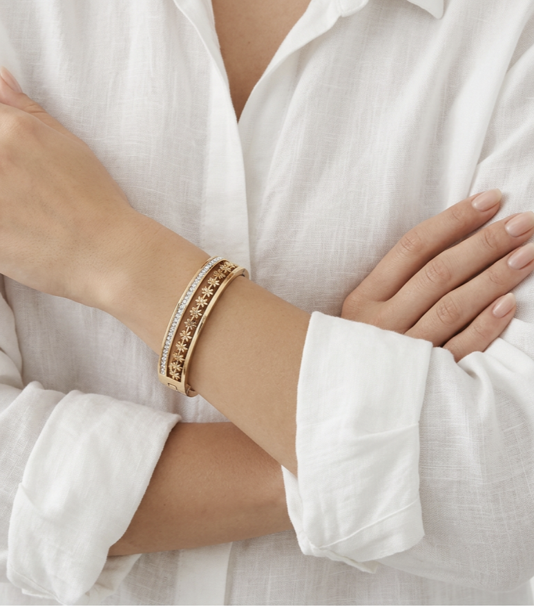 Gold Floral Cutout CZ Bangle Bracelet