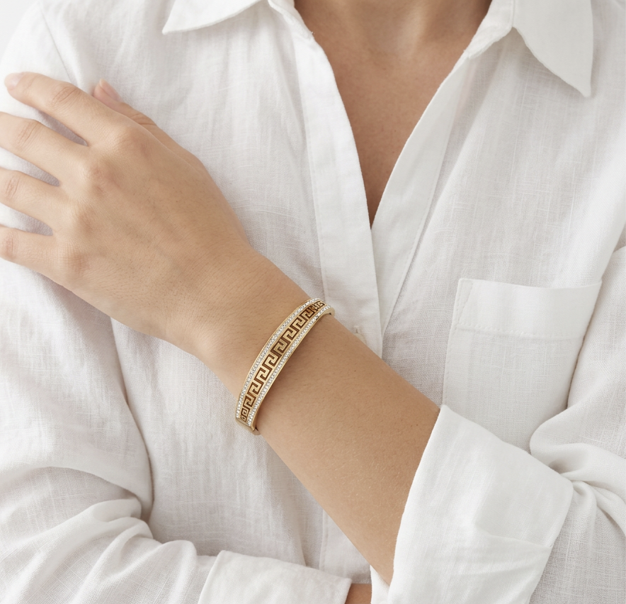 Gold Greek Key CZ Hinged Bangle Bracelet