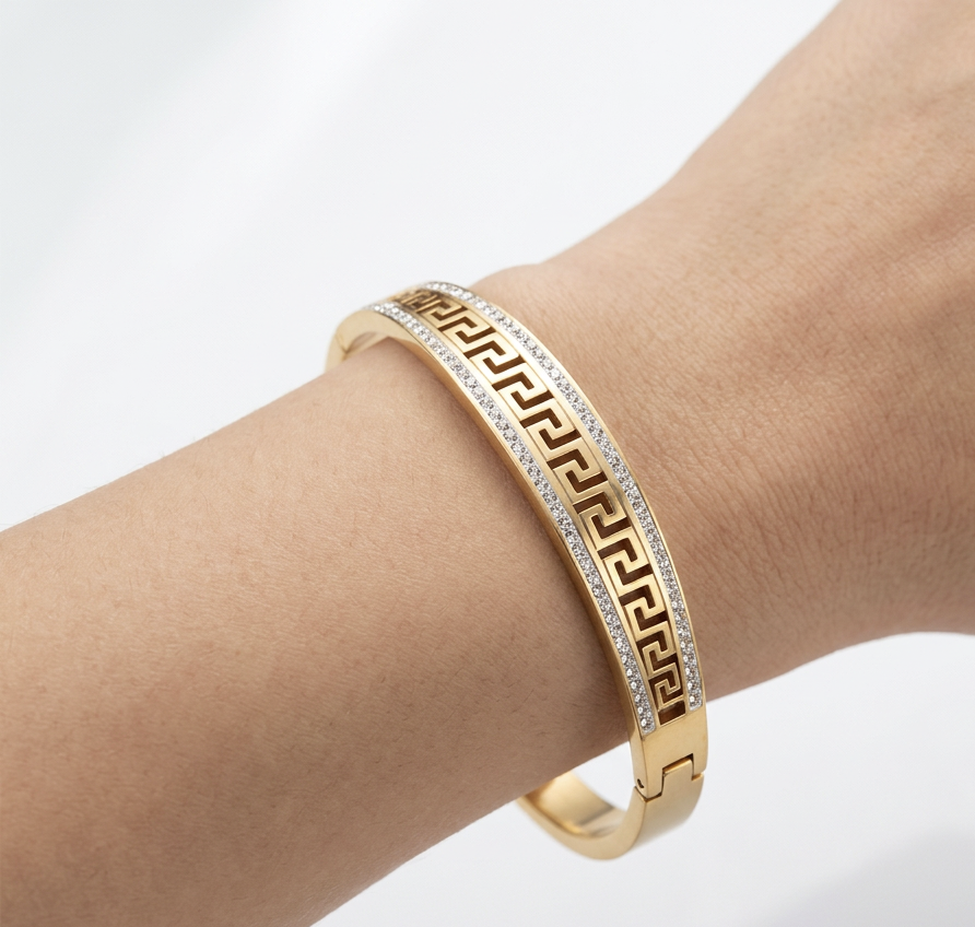 Gold Greek Key CZ Hinged Bangle Bracelet