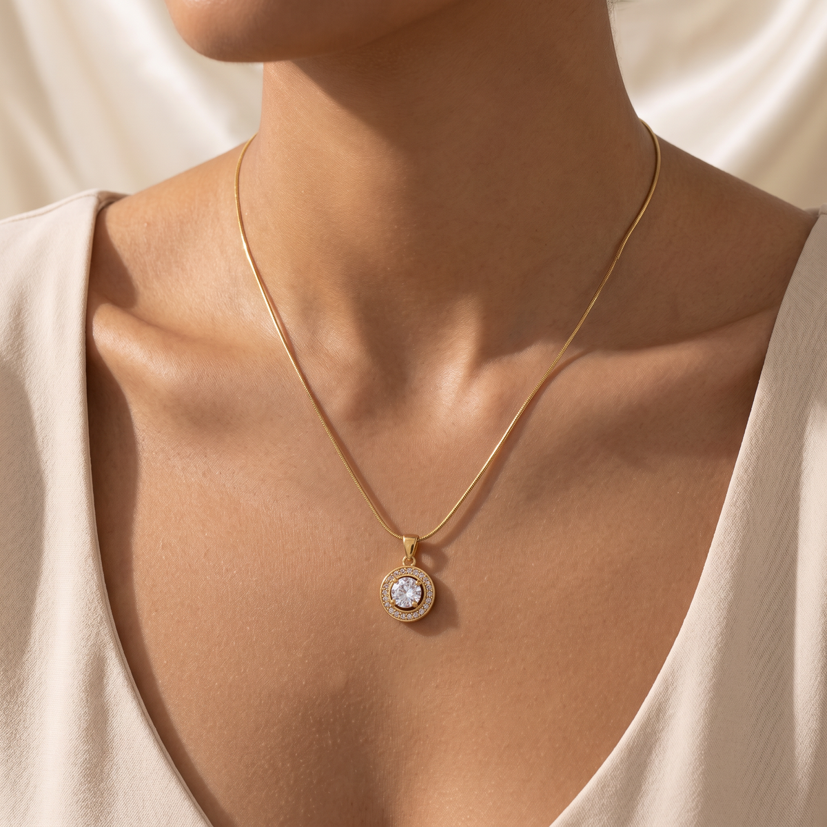 Gold Crescent Moon Solitaire CZ Pendant Necklace