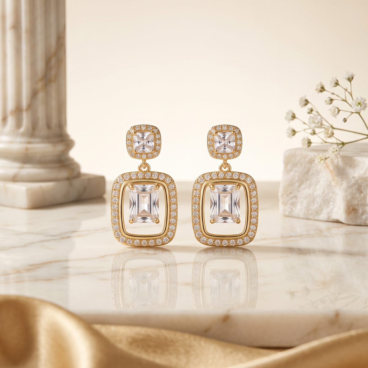 Gold Rectangular CZ Solitaire Drop Earrings
