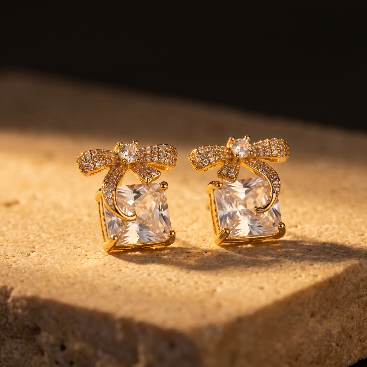 Gold Gift Box CZ Stud Earrings