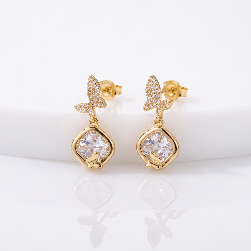 Gold Butterfly Motif CZ Stud Earrings