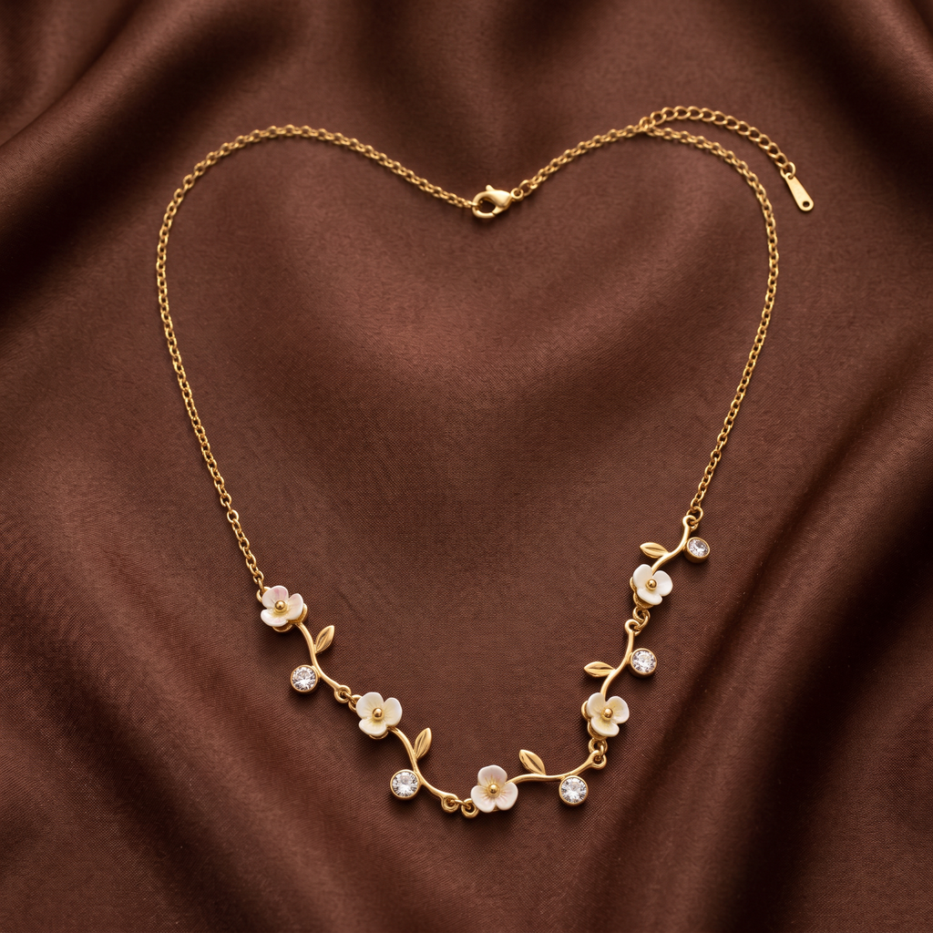 Gold Floral Enamel CZ Pendant Necklace