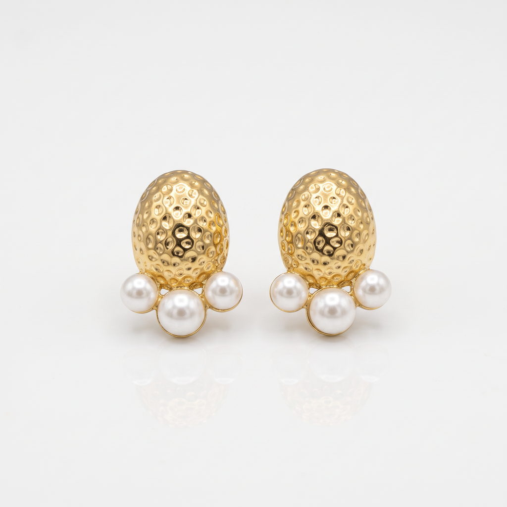 Gold Hammered Oval Pearl Stud Earrings