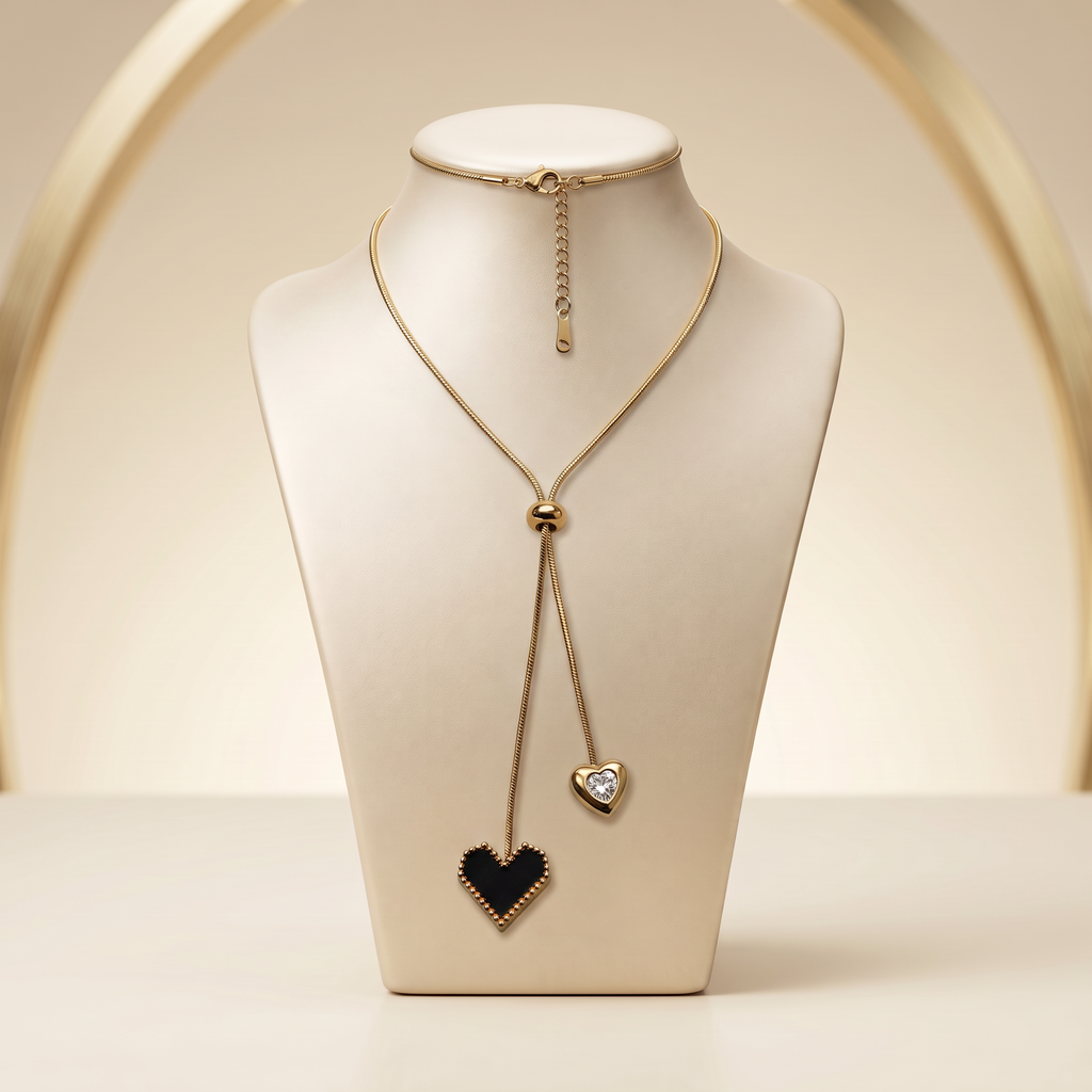 Gold Black Enamel Heart Slider Pendant Necklace