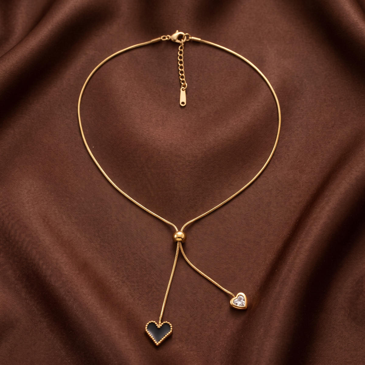 Gold Black Enamel Heart Slider Pendant Necklace