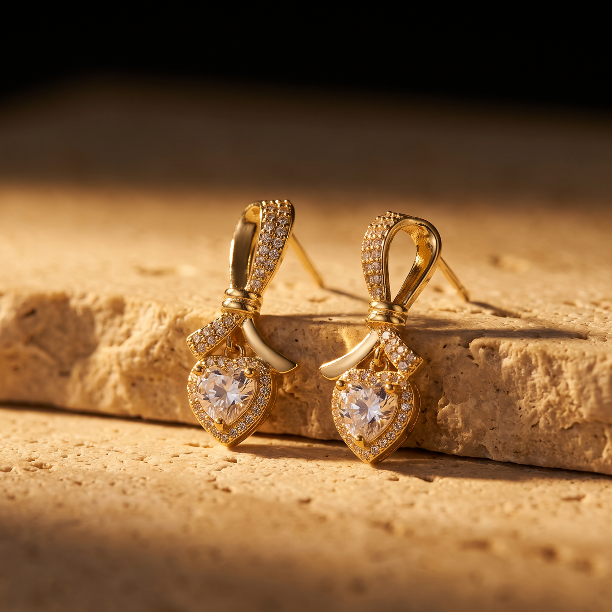 Gold Bow Motif Heart CZ Drop Earrings