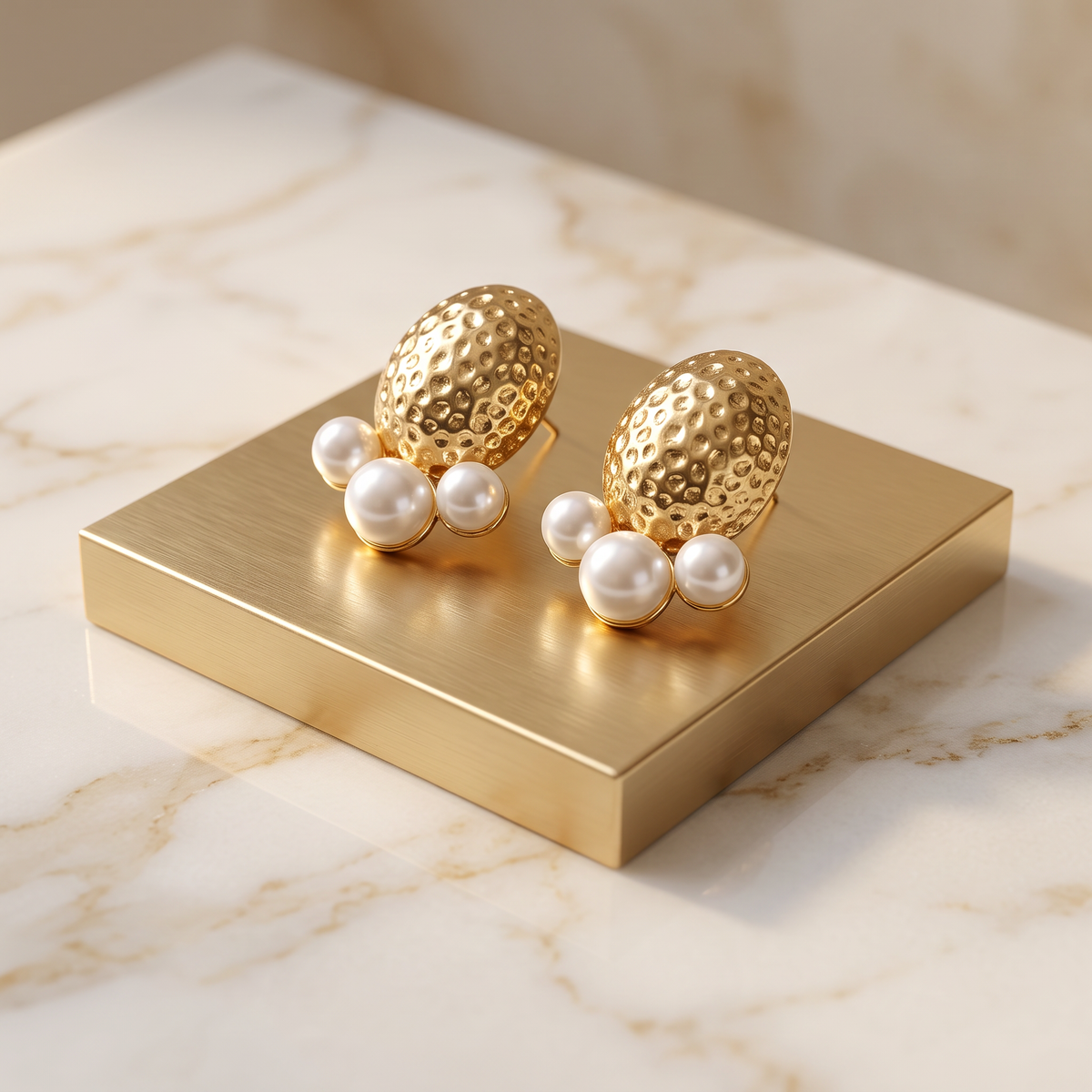 Gold Hammered Oval Pearl Stud Earrings