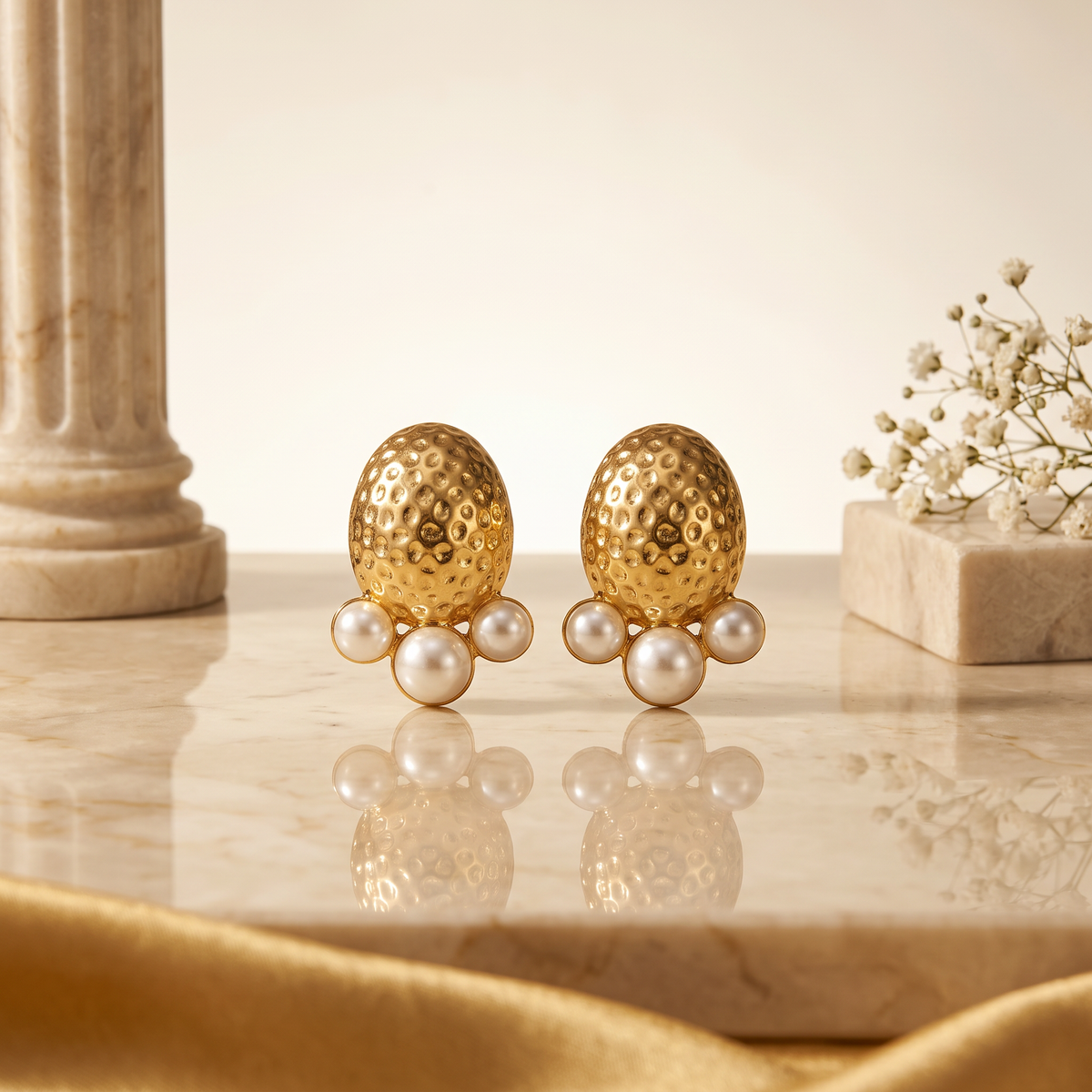 Gold Hammered Oval Pearl Stud Earrings