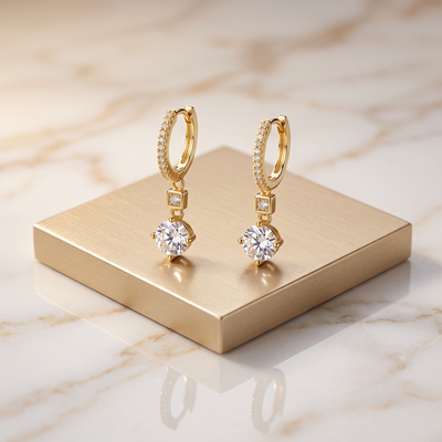 Gold Zigzag CZ Drop Stud Earrings