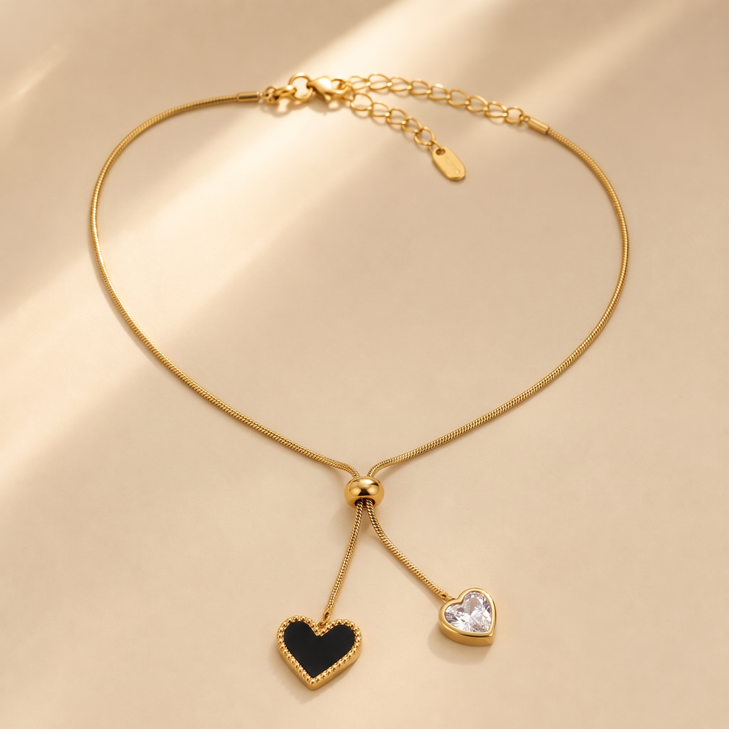 Gold Black Enamel Heart Slider Pendant Necklace