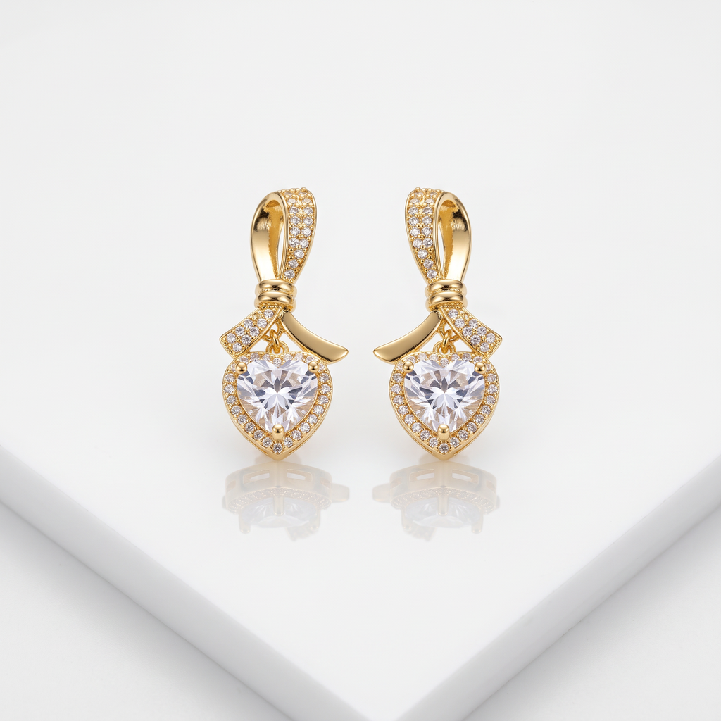 Gold Bow Motif Heart CZ Drop Earrings