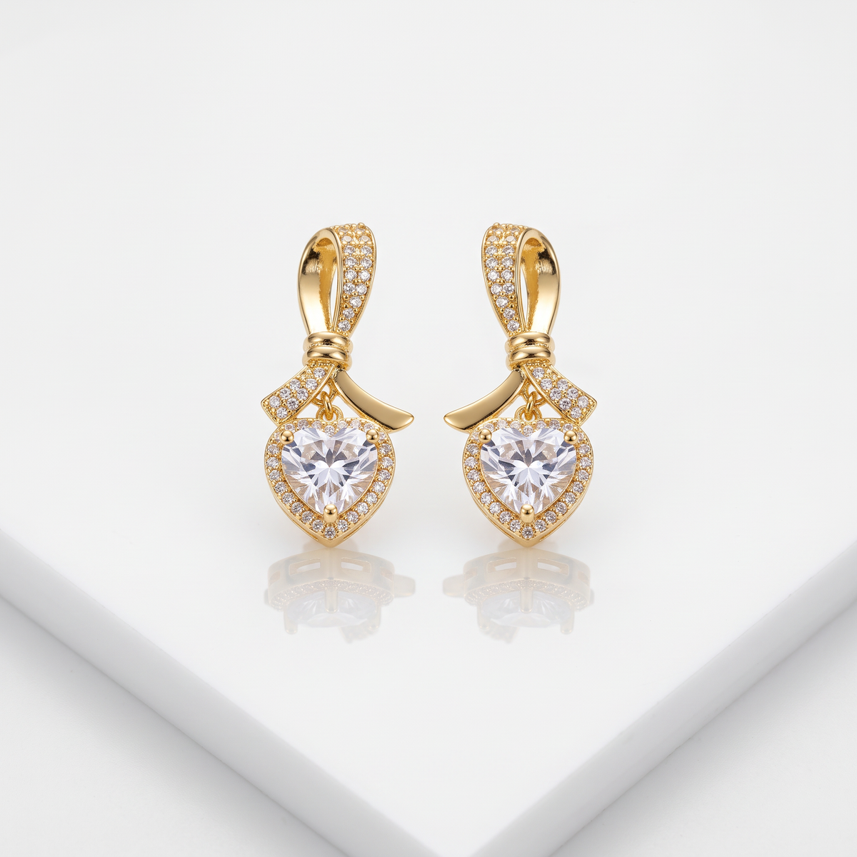 Gold Bow Motif Heart CZ Drop Earrings