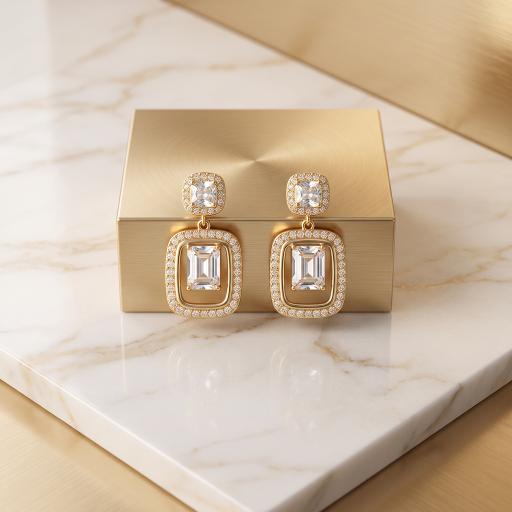 Gold Rectangular CZ Solitaire Drop Earrings