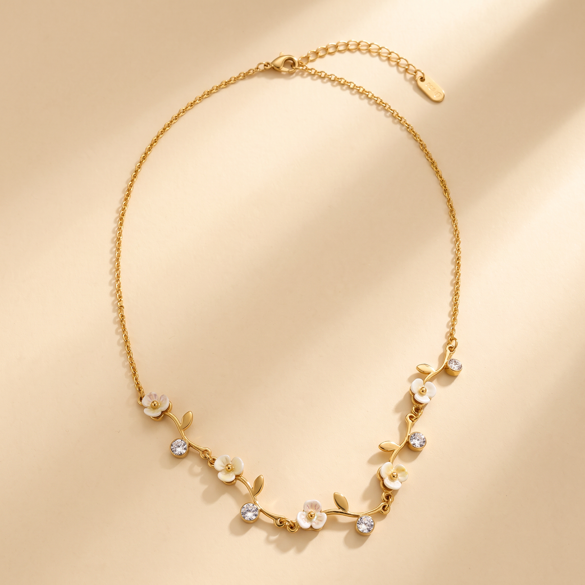 Gold Floral Enamel CZ Pendant Necklace