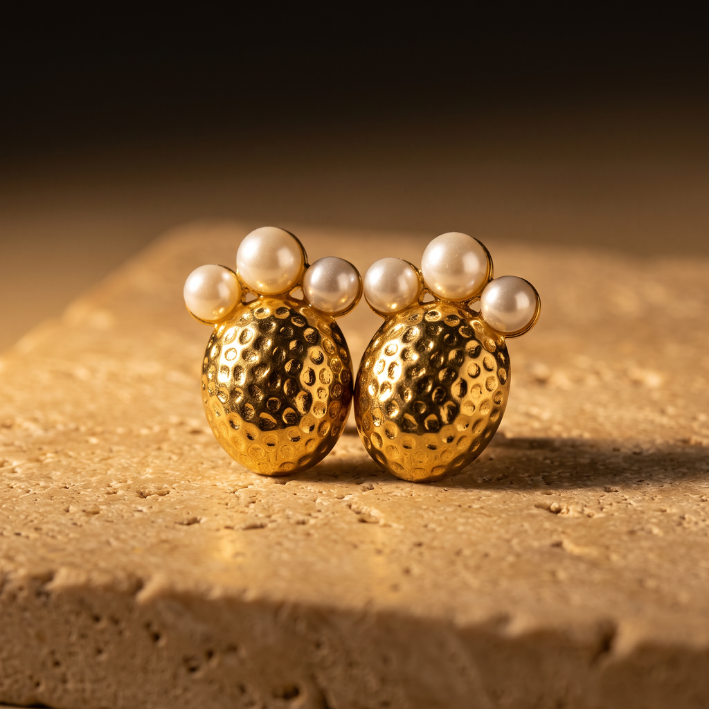 Gold Hammered Oval Pearl Stud Earrings