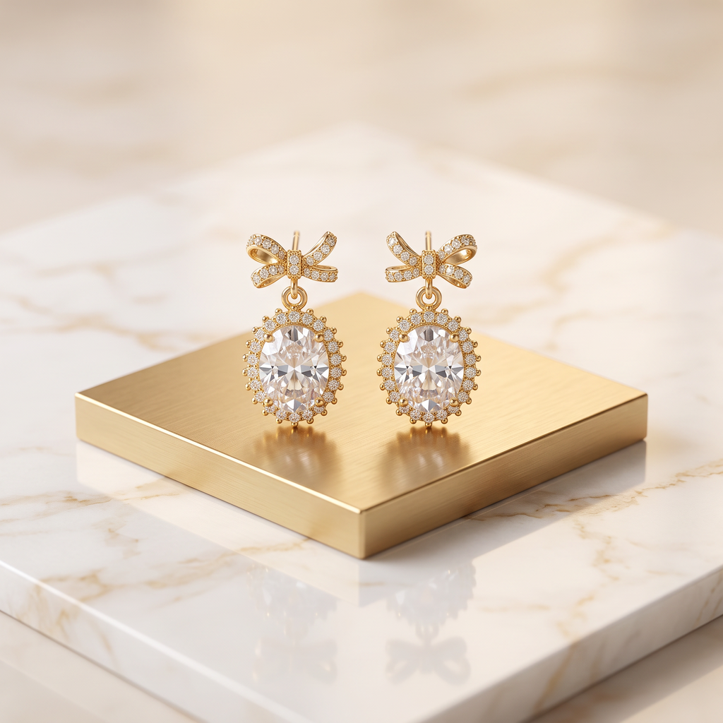 Gold Bow Pearl Stud Earrings