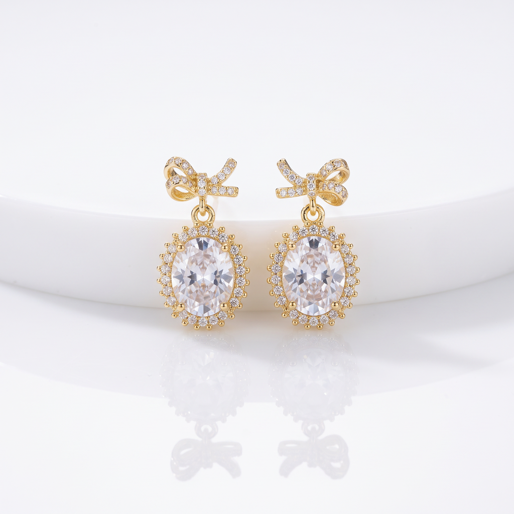 Gold Bow Pearl Stud Earrings