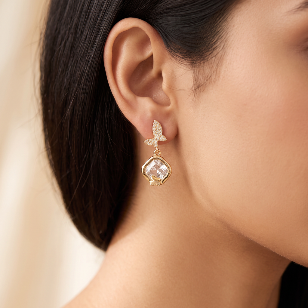 Gold Butterfly Motif CZ Stud Earrings