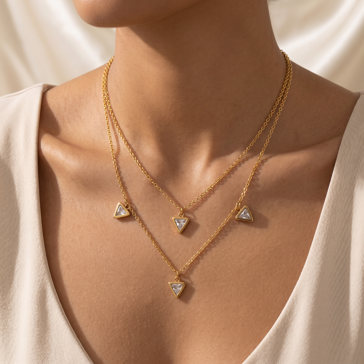 Gold Triangle CZ Multi Drop Pendant Necklace