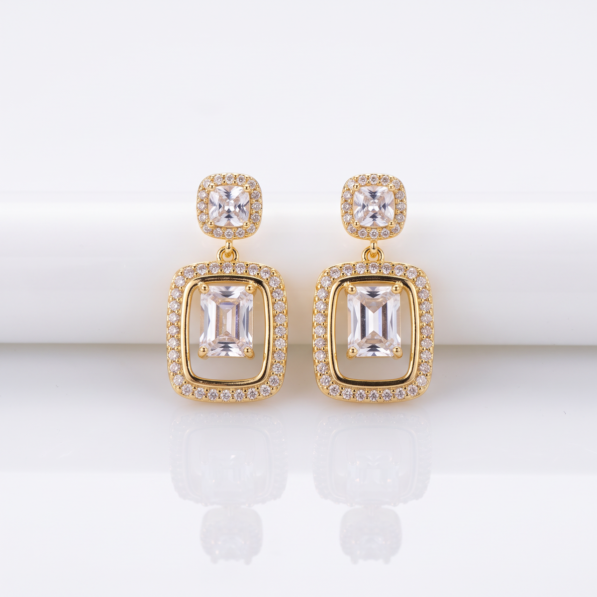 Gold Rectangular CZ Solitaire Drop Earrings