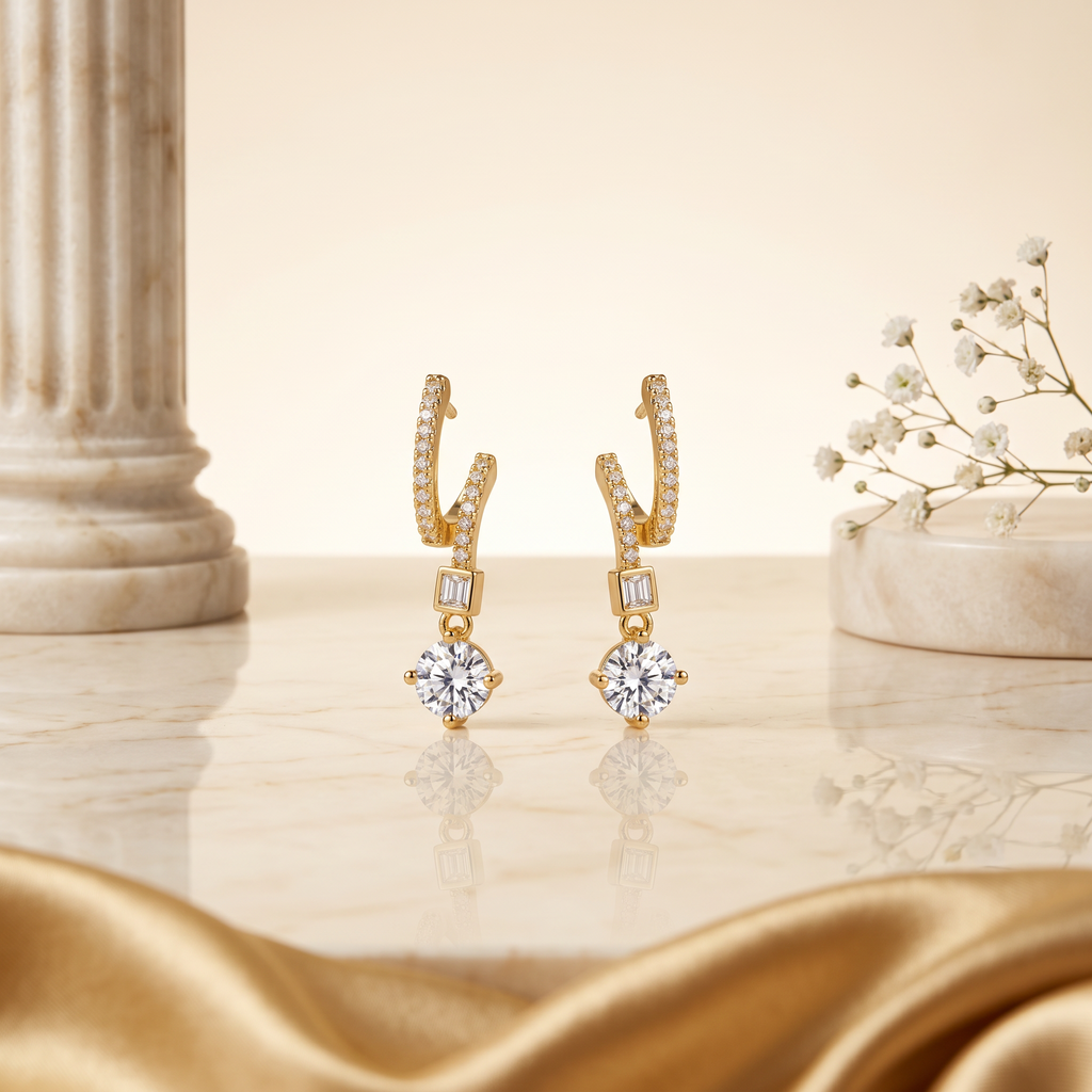 Gold Zigzag CZ Drop Stud Earrings